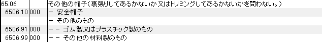 6506 その他の帽子 HSコード一覧