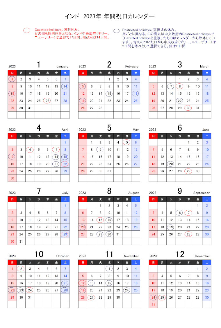 インドの祝日カレンダー2023年