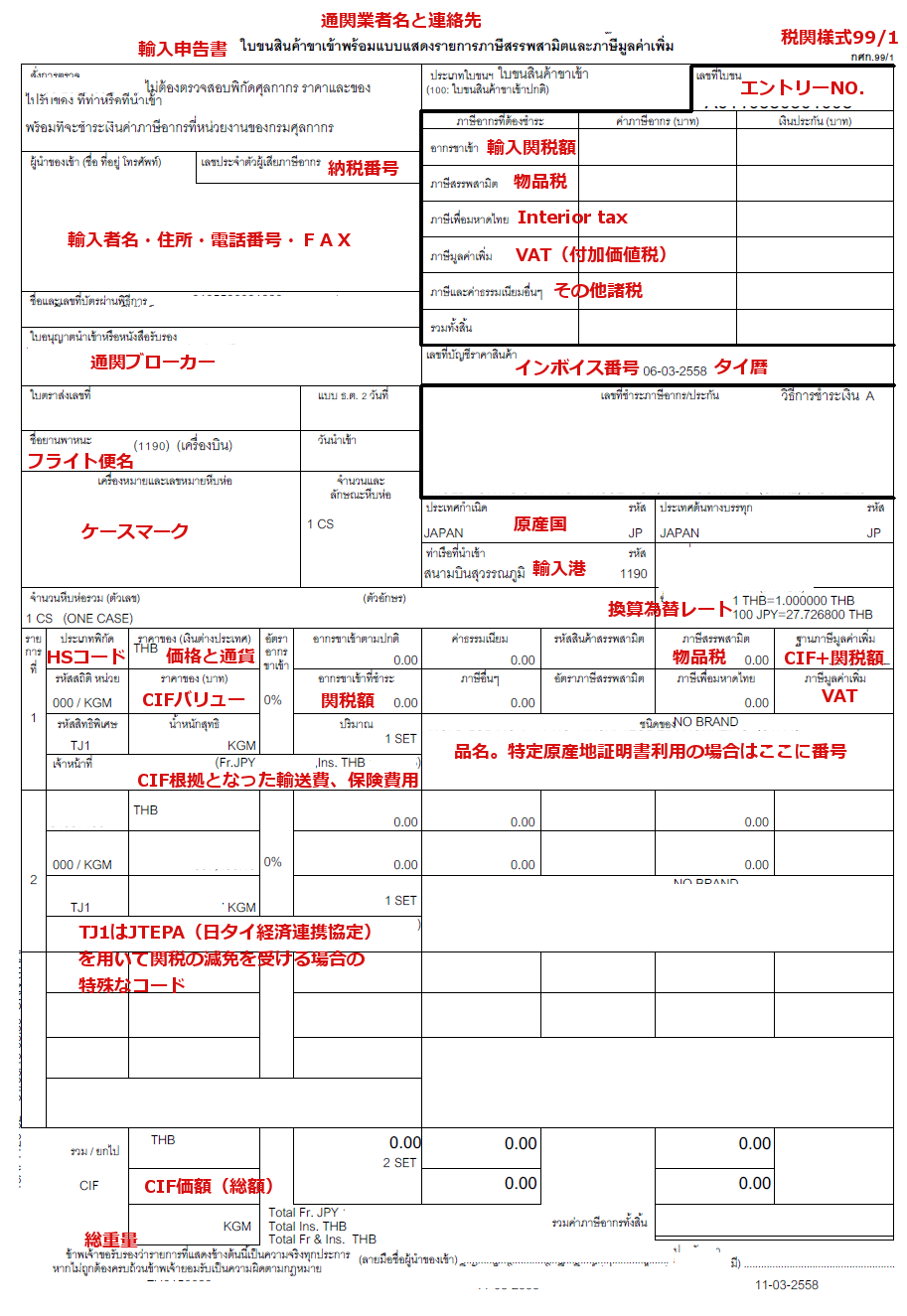 タイの輸入申告書の見方｜税関書式form no.99、form 99/1